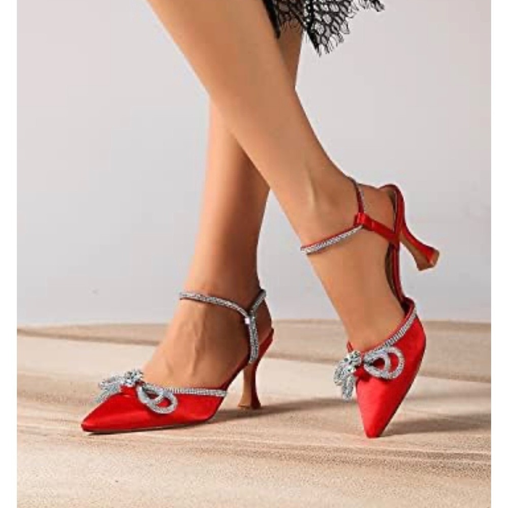 Susanny Red Stiletto Heel Sandals Women's Sz 7.5 Pointed Toe Bow Rhinestone - Picture 3 of 16